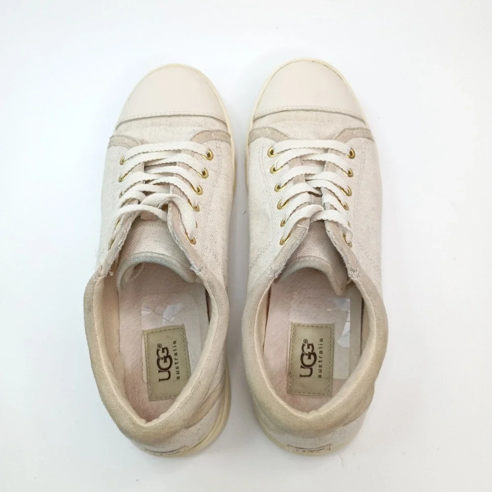 UGG Womens Canvas Leather Toe Low Top Sneakers Cream‎ Tan Lace Up Shoes